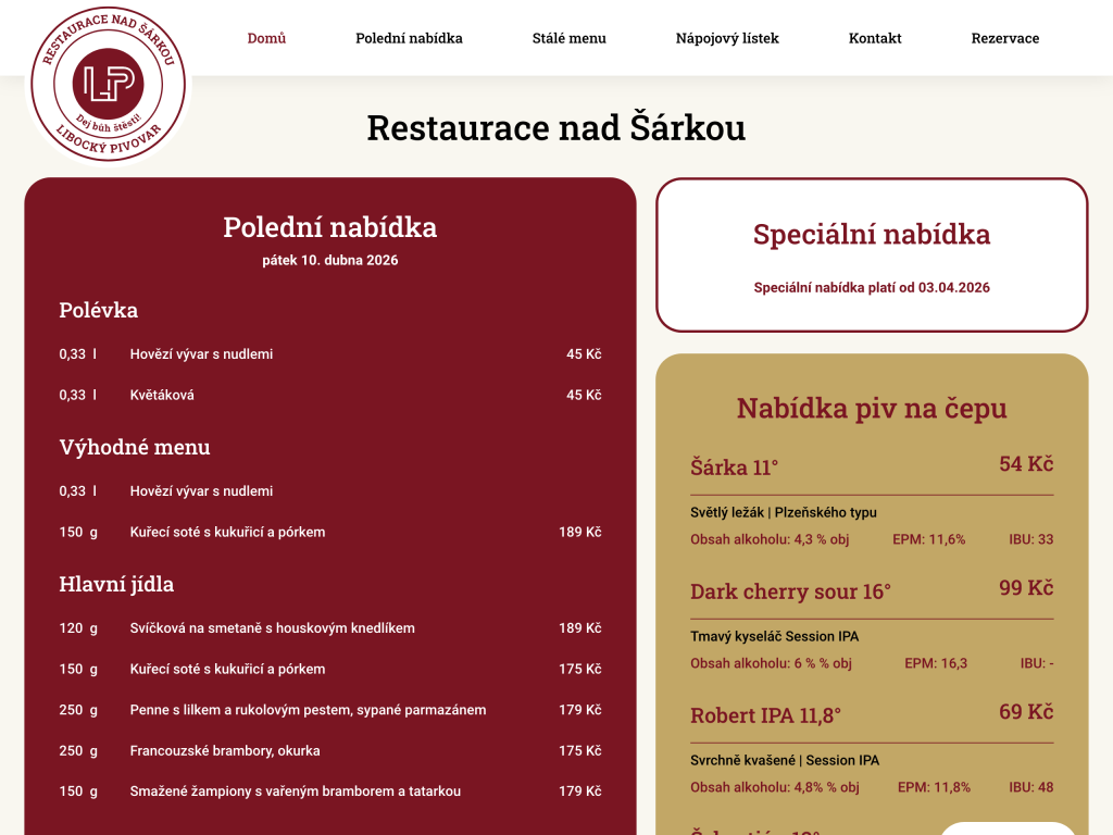 Ukázka projektu Restaurace nad Šárkou – web restaurace